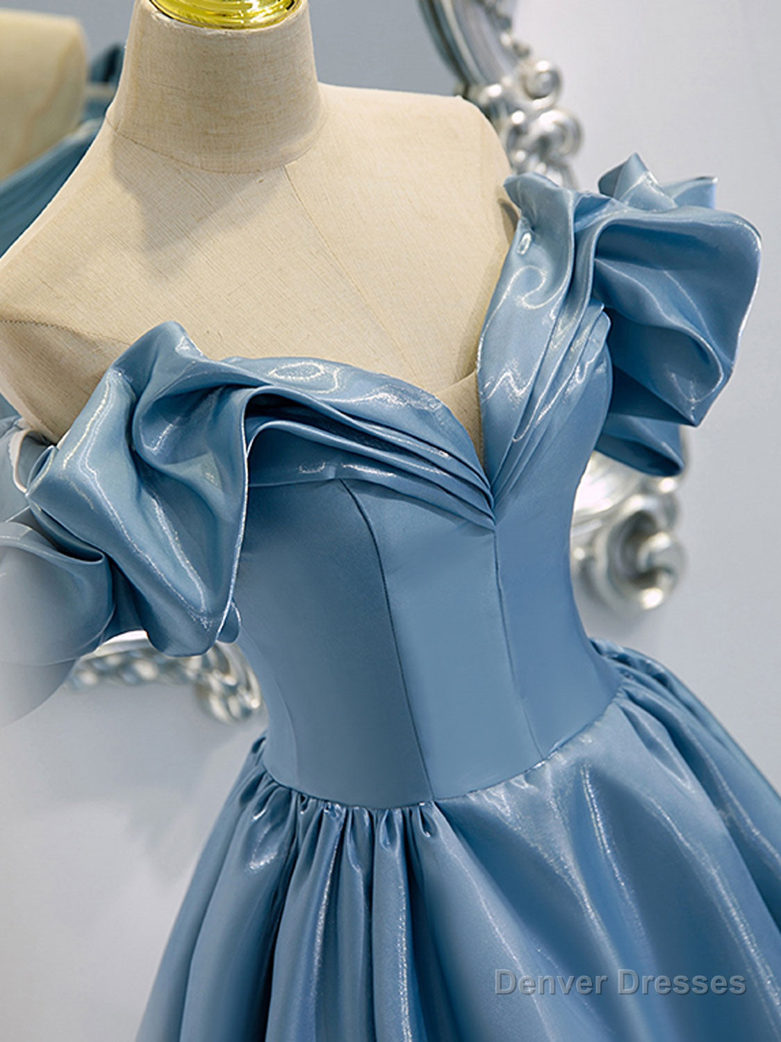 A-Line V Neck Satin Blue Long Prom Dress, Blue Formal Evening Dresses Secondary image