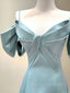 A-Line V Neck Satin Blue Long Prom Dress, Blue Formal Evening Dress