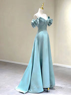A-Line V Neck Satin Blue Long Prom Dress, Blue Formal Evening Dress