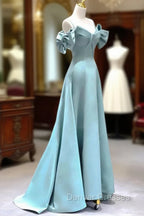 A-Line V Neck Satin Blue Long Prom Dress, Blue Formal Evening Dress