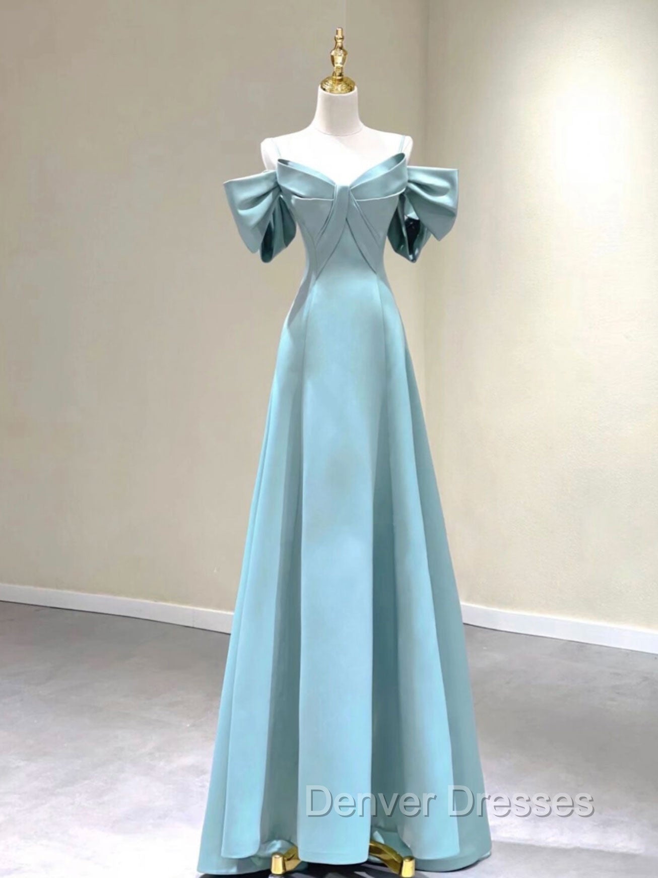 A-Line V Neck Satin Blue Long Prom Dress, Blue Formal Evening Dress Main image