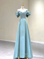 A-Line V Neck Satin Blue Long Prom Dress, Blue Formal Evening Dress