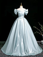A-Line V Neck Satin Blue Long Prom Dress, Blue Long Formal Dress