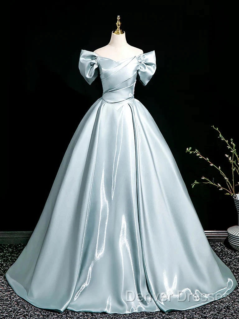 A-Line V Neck Satin Blue Long Prom Dress, Blue Long Formal Dress