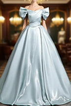 A-Line V Neck Satin Blue Long Prom Dress, Blue Long Formal Dress