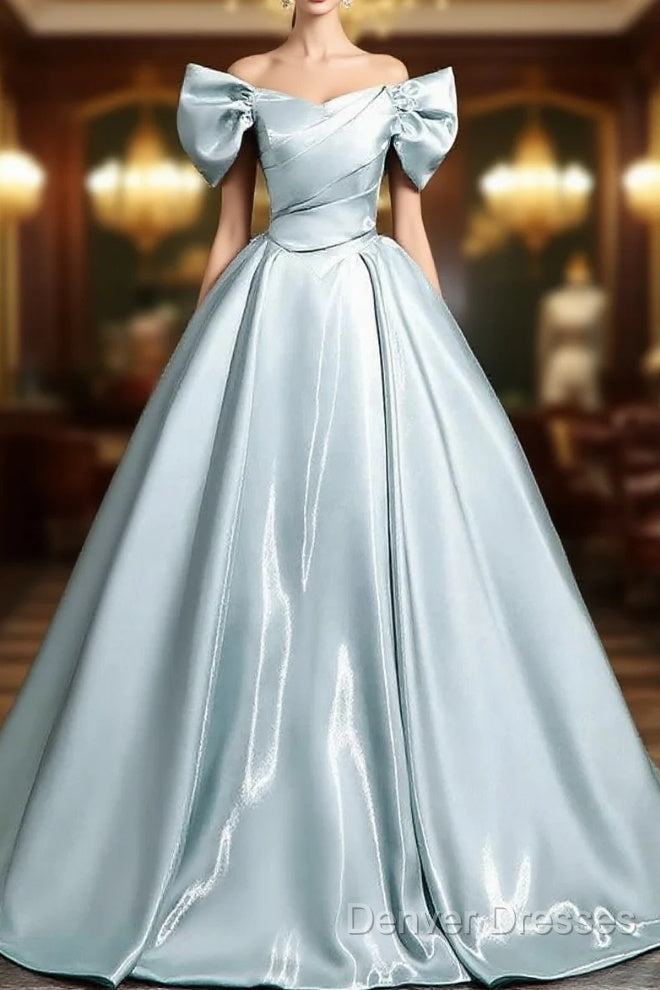A-Line V Neck Satin Blue Long Prom Dress, Blue Long Formal Dress