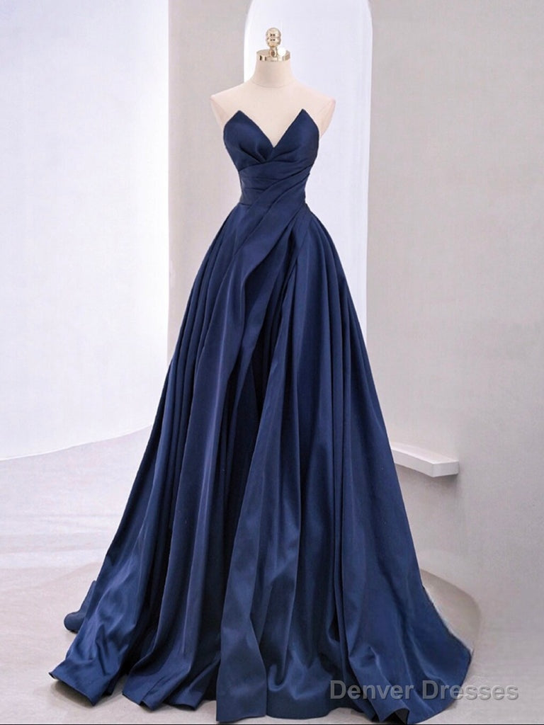 A-Line V Neck Satin Dark Blue Long Prom Dress, Blue Long Formal Dress Main image