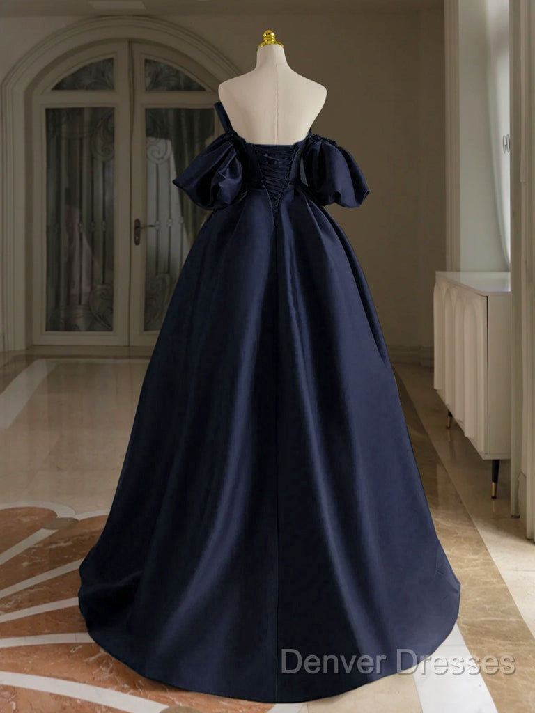 A-Line V Neck Satin Dark Blue Long Prom Dress, Dark Blue Long Formal Dress Secondary image