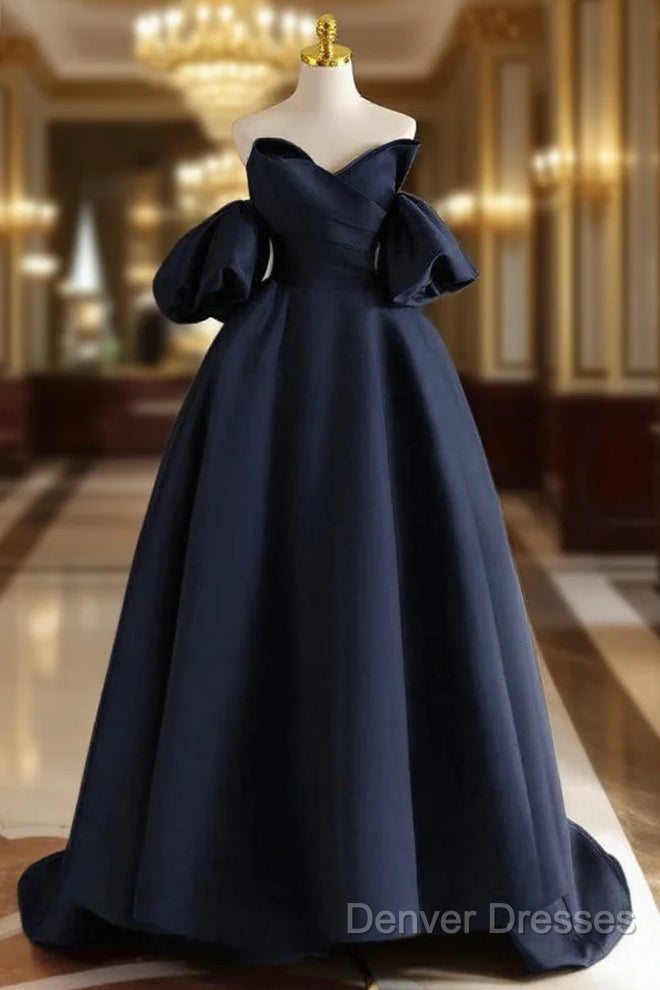 A-Line V Neck Satin Dark Blue Long Prom Dress, Dark Blue Long Formal Dress Main image