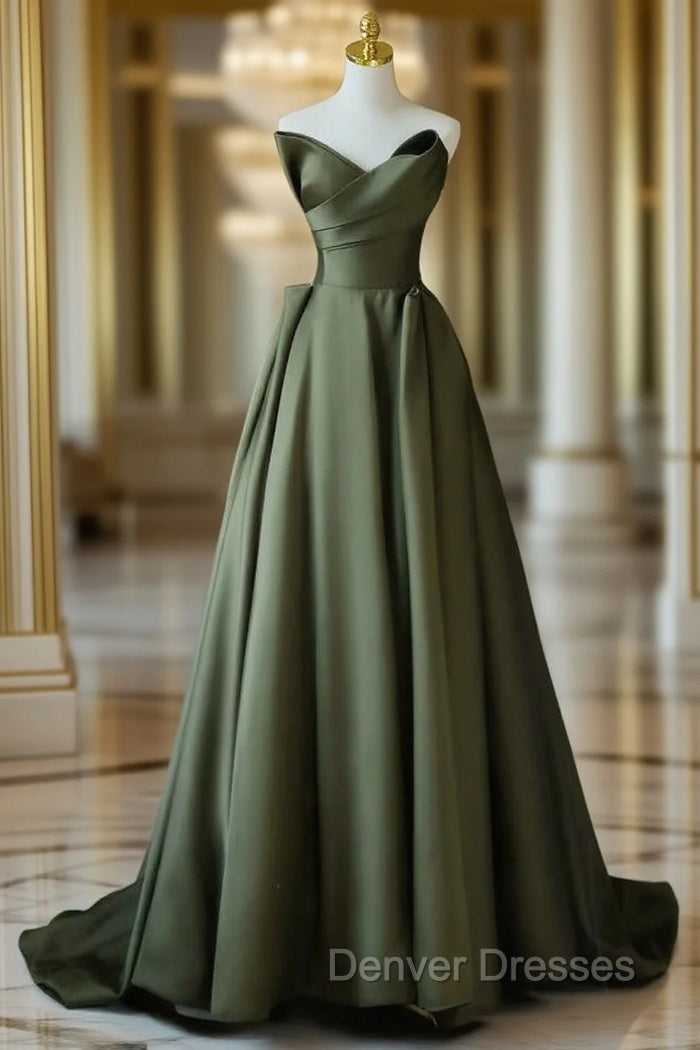 A-Line V Neck Satin Green Long Prom Dress, Green Long Evening Dress Main image