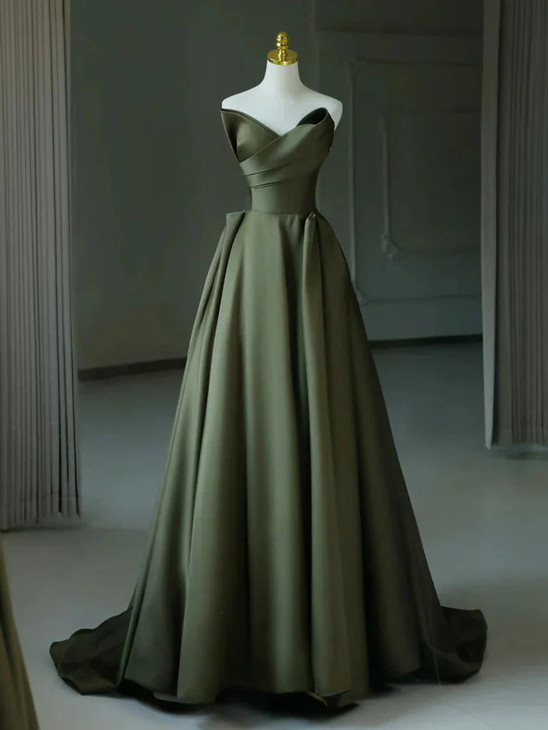 A-Line V Neck Satin Green Long Prom Dress, Green Long Formal Dress Main image