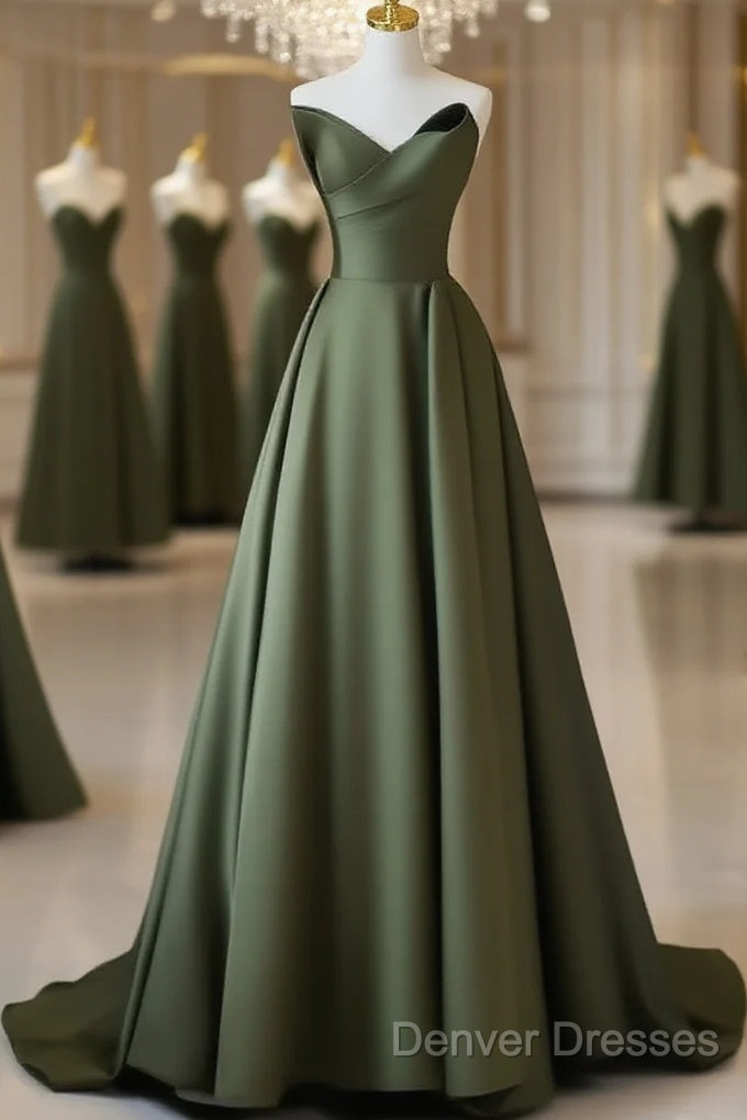 A-Line V Neck Satin Green Long Prom Dress, Green Long Formal Dress