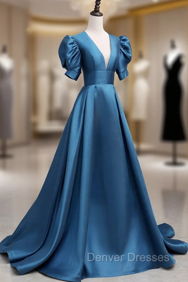 A-Line V Neck Satin Long Prom Dress, Blue Satin Long Evening Dress