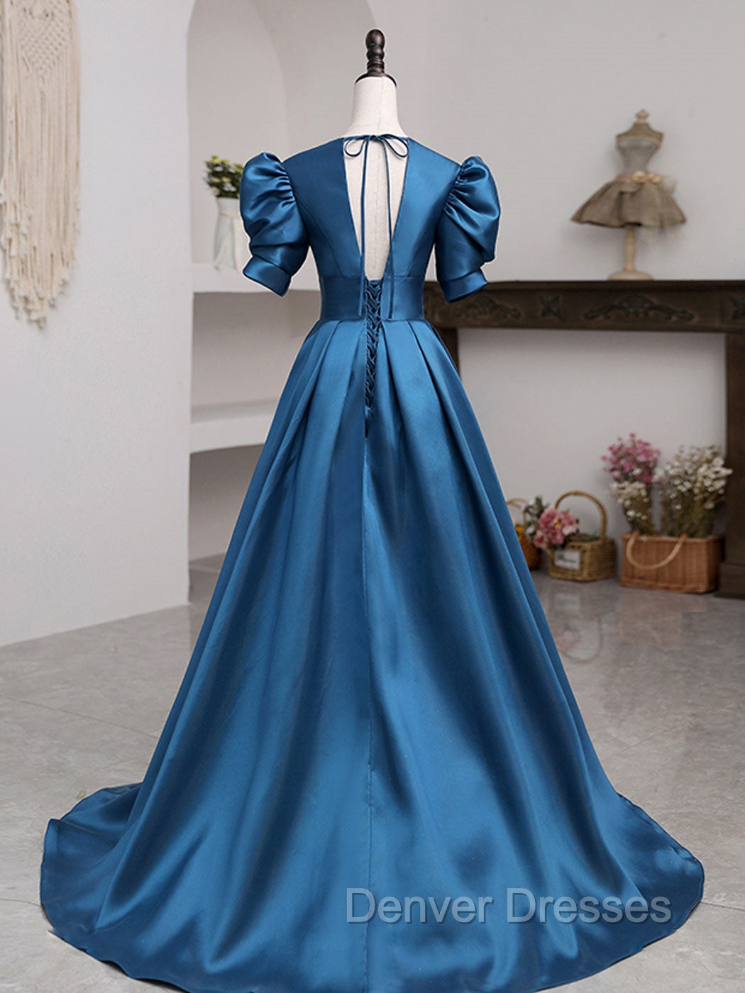 A-Line V Neck Satin Long Prom Dress, Blue Satin Long Evening Dress
