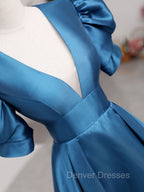 A-Line V Neck Satin Long Prom Dress, Blue Satin Long Evening Dress