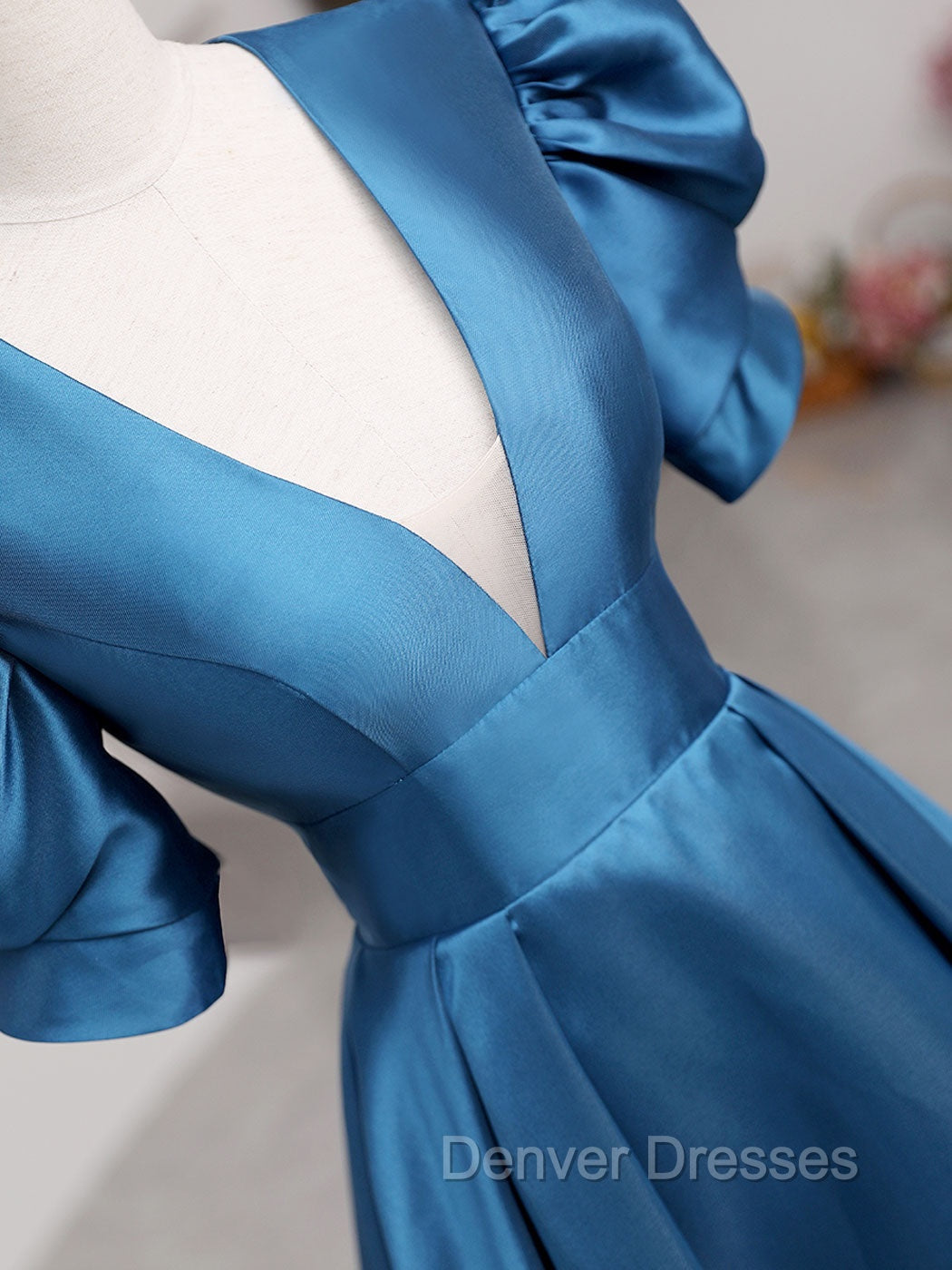 A-Line V Neck Satin Long Prom Dress, Blue Satin Long Evening Dress