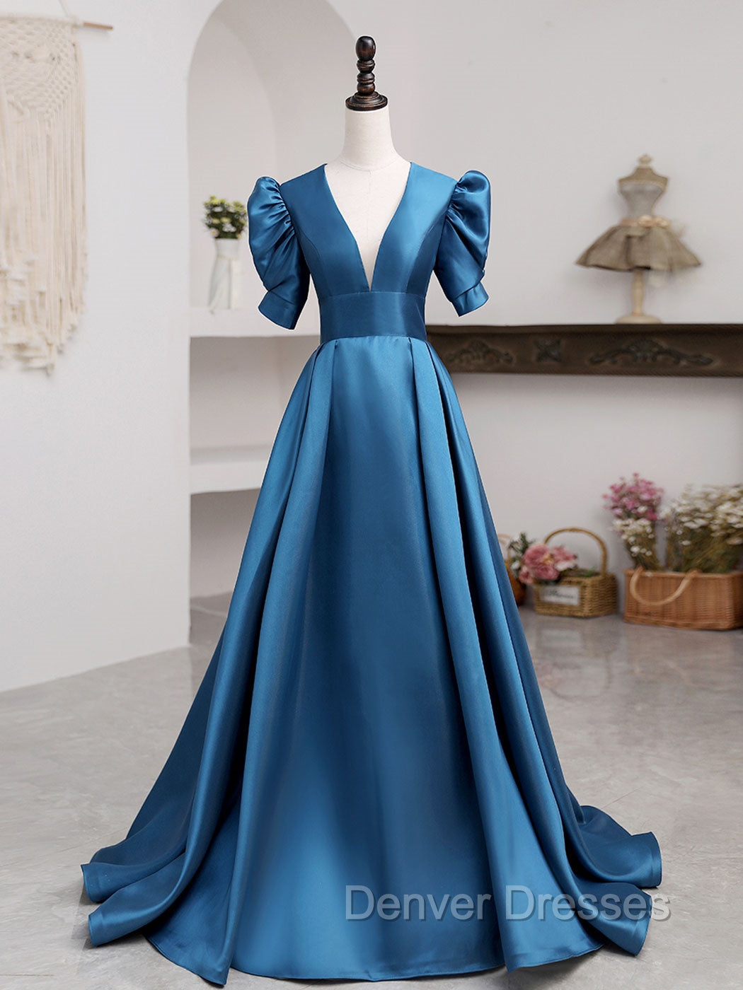 A-Line V Neck Satin Long Prom Dress, Blue Satin Long Evening Dress