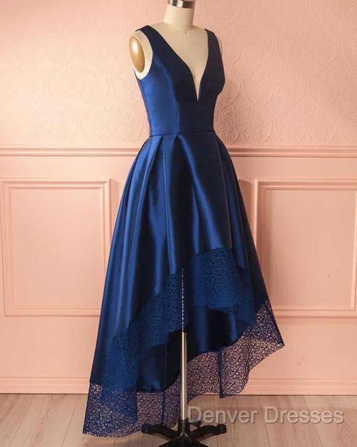 A Line V-Neck Satin Long Prom Dress With Lace