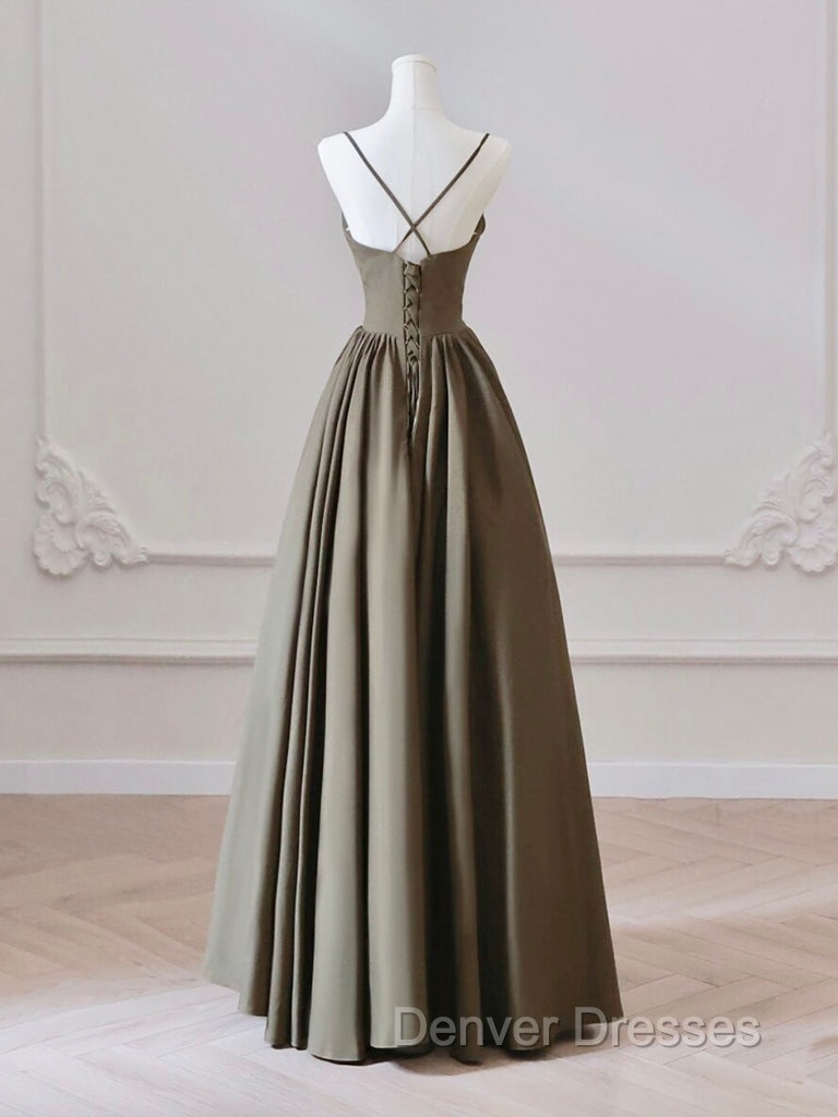 A-Line V Neck Satin Olive Green Long Prom Dress, Olive Green Long Formal Dress Secondary image
