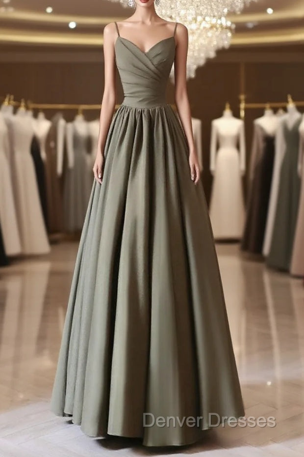 A-Line V Neck Satin Olive Green Long Prom Dress, Olive Green Long Formal Dress Main image