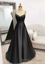 A-line Sweetheart Spaghetti Straps Satin Long Prom Dress with Pleated