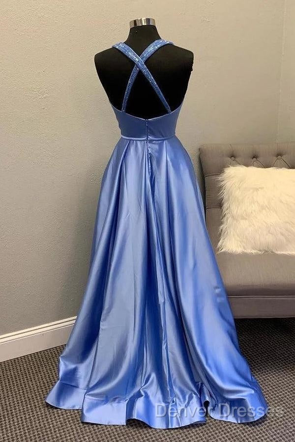 A-Line V Neck Satin Unique Long Prom Dress Formal Gowns Secondary image