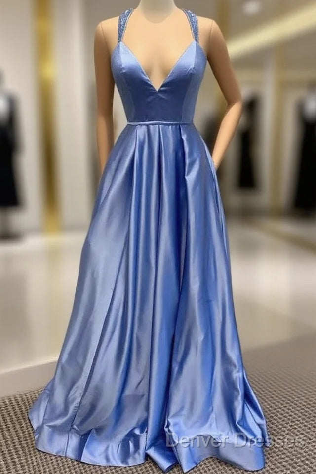 A-Line V Neck Satin Unique Long Prom Dress Formal Gowns Main image