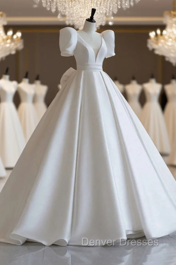 A-Line V-Neck Satin Wedding Dress, White Short Sleeve Bridal Gown with Bow