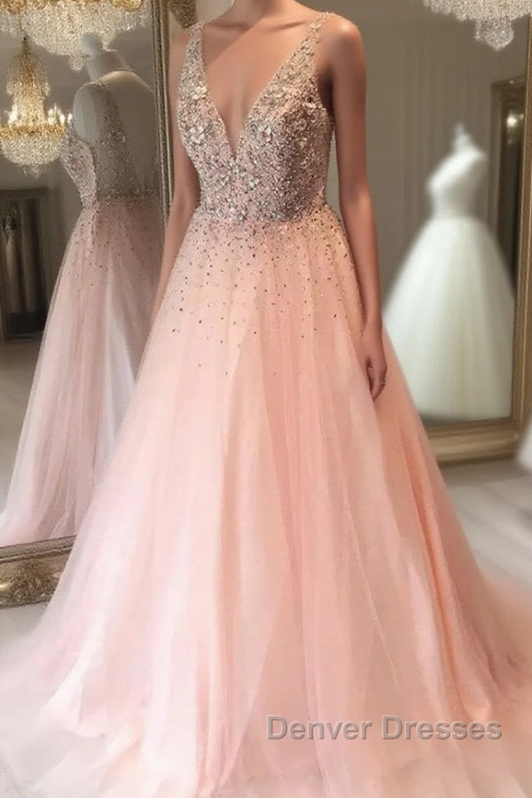 A Line V Neck Sequins Pink Long Prom Dress, Pink Formal Graduation Evening Dress