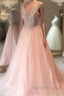 A Line V Neck Sequins Pink Long Prom Dress, Pink Formal Graduation Evening Dress