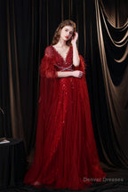 A Line V-neck Shiny Sequin Beaded Prom Dresses