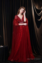 A Line V-neck Shiny Sequin Beaded Prom Dresses