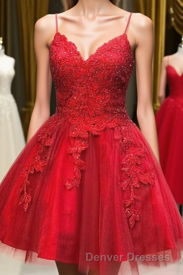 A Line V Neck Short Backless Red Lace Prom Dress, Short Red Backless Lace Formal Homecoming Dress