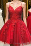 A Line V Neck Short Backless Red Lace Prom Dress, Short Red Backless Lace Formal Homecoming Dress