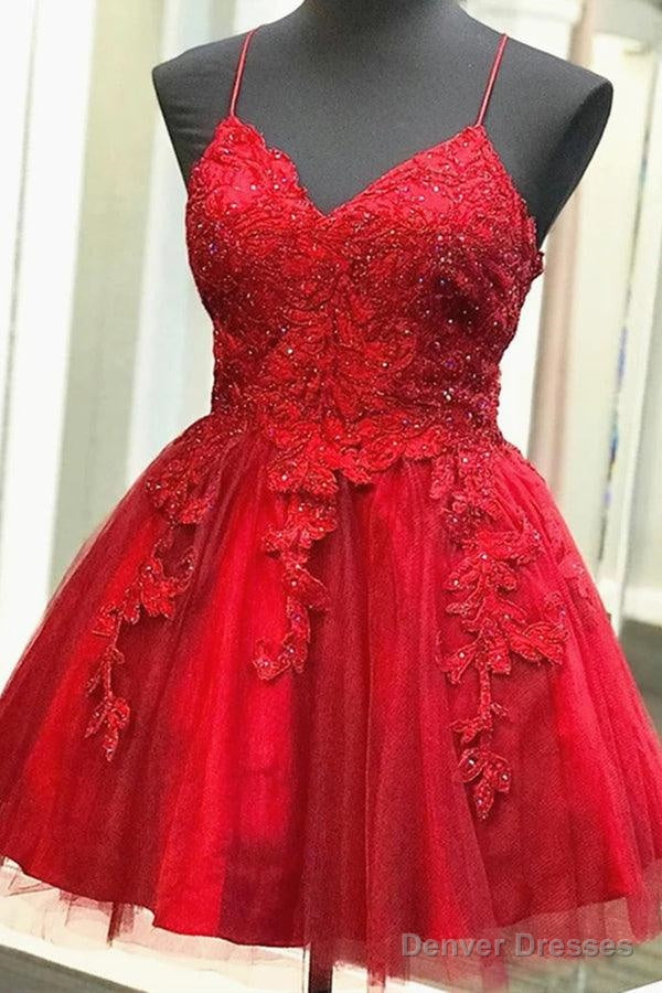 A Line V Neck Short Backless Red Prom Dresses Homecoming Dresses Main image