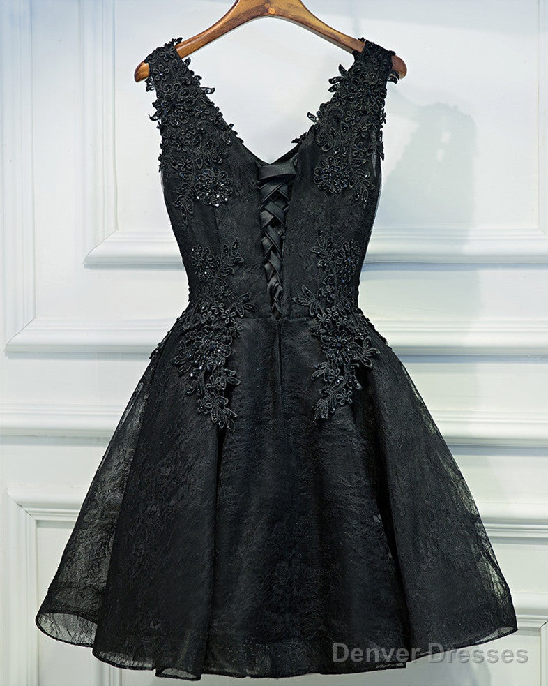 A Line V Neck Short Black Lace Prom Dresses, Black Short Formal Dresses, Black Lace Graduation Dresses, Homecoming Dresses Secondary image