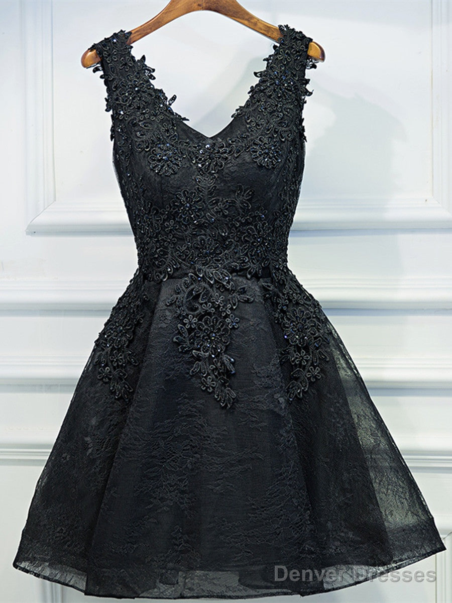 A Line V Neck Short Black Lace Prom Dresses, Black Short Formal Dresses, Black Lace Graduation Dresses, Homecoming Dresses Main image