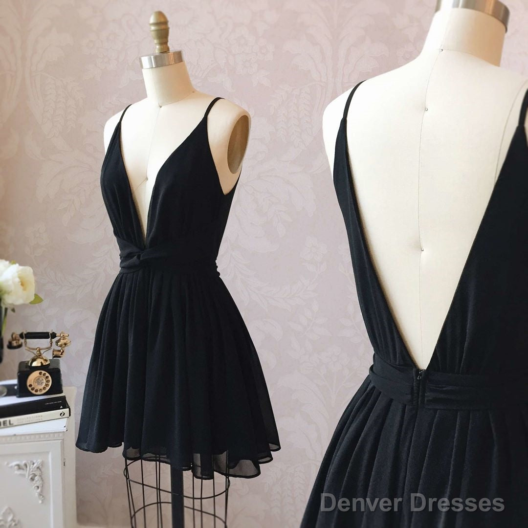 A Line V Neck Short Black Prom Dresses, Short Black Backless Homecoming Formal Dresses Secondary image