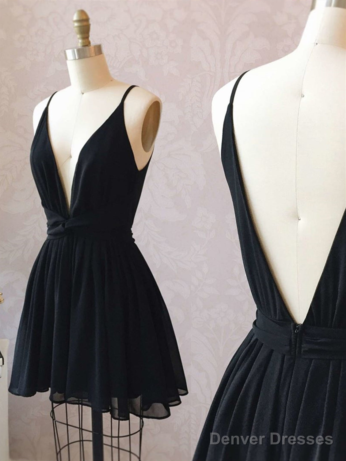 A Line V Neck Short Black Prom Dresses, Short Black Backless Homecoming Formal Dresses Main image