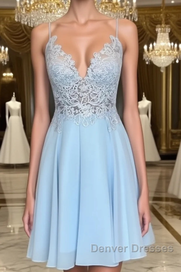 A Line V Neck Short Blue Lace Prom Dress, Short Blue Lace Formal Homecoming Dress Main image
