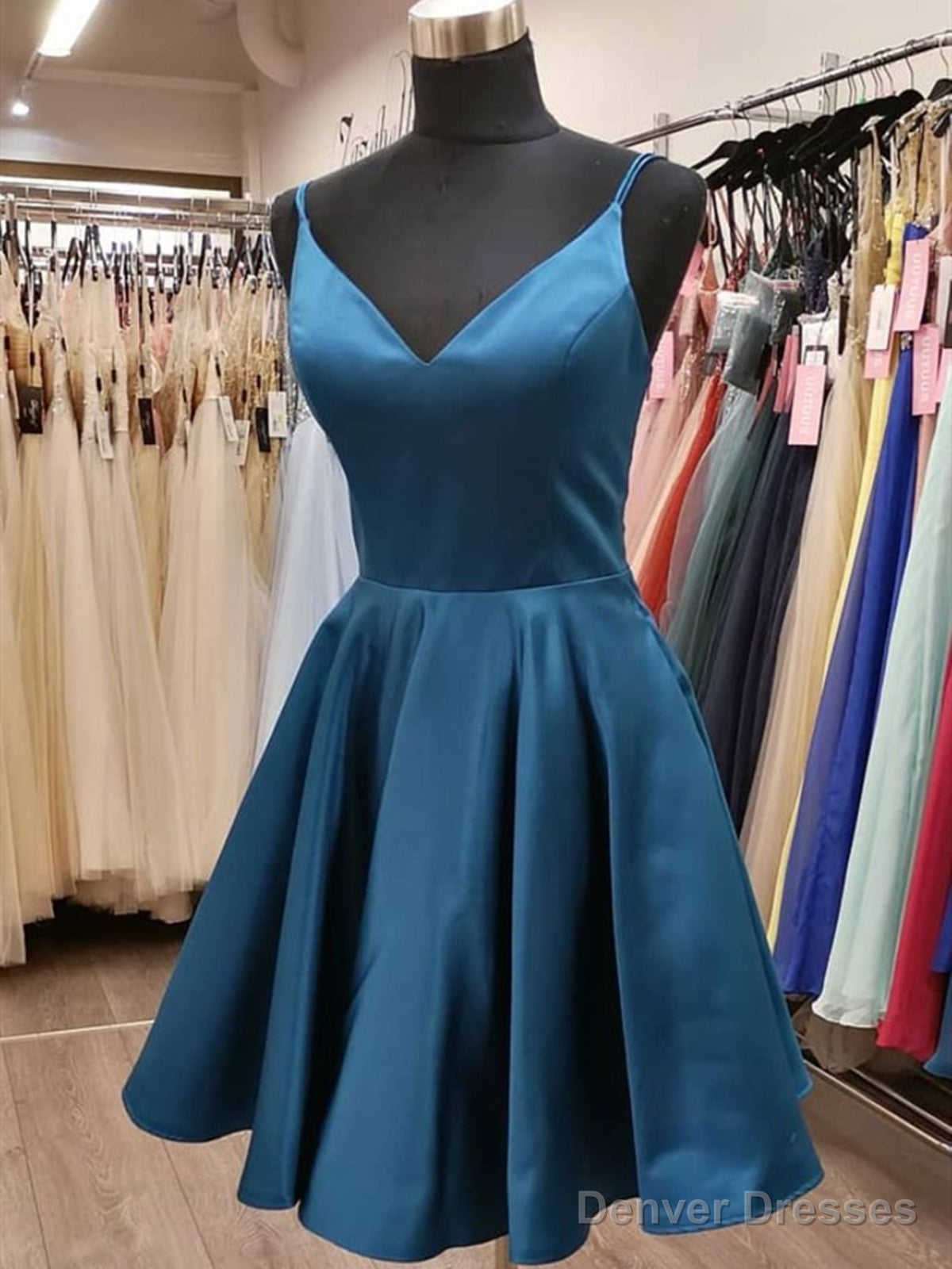 A Line V Neck Short Blue Prom Dresses, V Neck Short Blue Formal Graduation Dresses