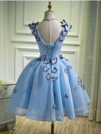 A Line V Neck Short Blue Prom Dress with Butterfly, Short Blue Formal Homecoming Dress