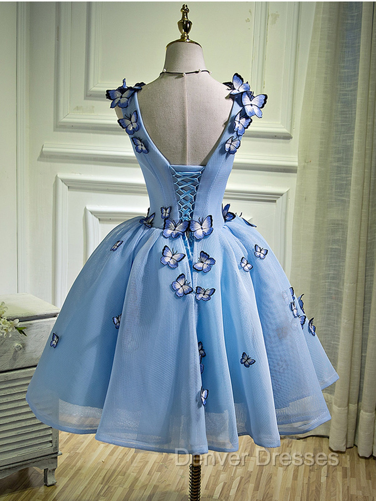 A Line V Neck Short Blue Prom Dress with Butterfly, Short Blue Formal Homecoming Dress