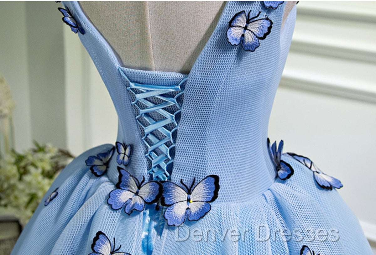 A Line V Neck Short Blue Prom Dress with Butterfly, Short Blue Formal Homecoming Dress