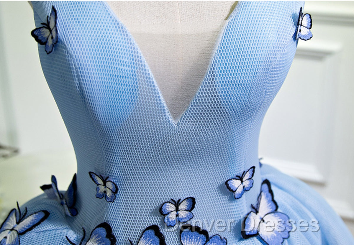A Line V Neck Short Blue Prom Dress with Butterfly, Short Blue Formal Homecoming Dress