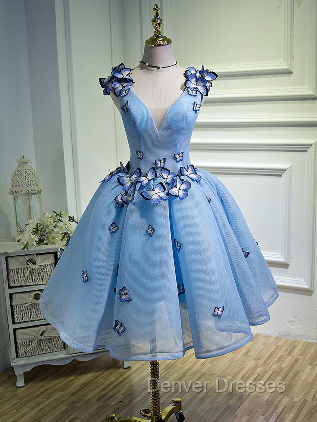 A Line V Neck Short Blue Prom Dress with Butterfly, Short Blue Formal Homecoming Dress