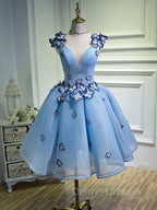 A Line V Neck Short Blue Prom Dress with Butterfly, Short Blue Formal Homecoming Dress