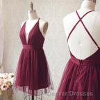 A Line V Neck Short Burgundy Backless Prom Dress, Short Burgundy Backless Formal Homecoming Dress