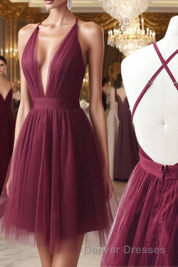 A Line V Neck Short Burgundy Backless Prom Dress, Short Burgundy Backless Formal Homecoming Dress Main image