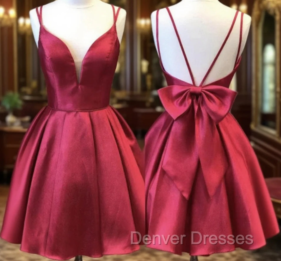 A Line V Neck Short Burgundy Backless Prom Dress, Short Wine Red Formal Homecoming Dress Main image